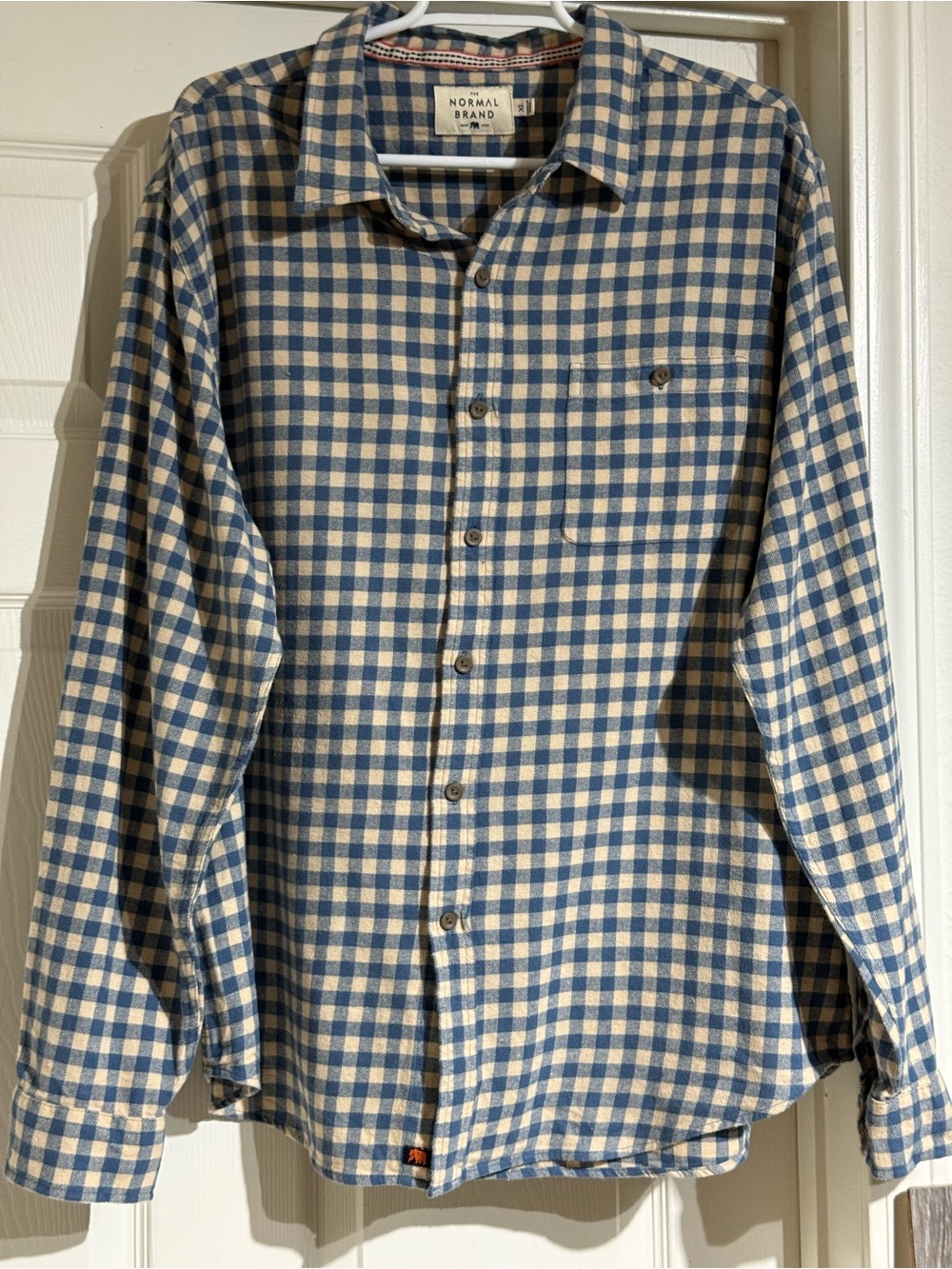 The Normal Brand Men's XL Flannel Button Up Shirt Cotton Tan & Blue Plaid, NWOT